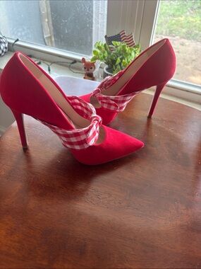 Qupid Red Pointed Toe Pumps with Gingham Bow Accent